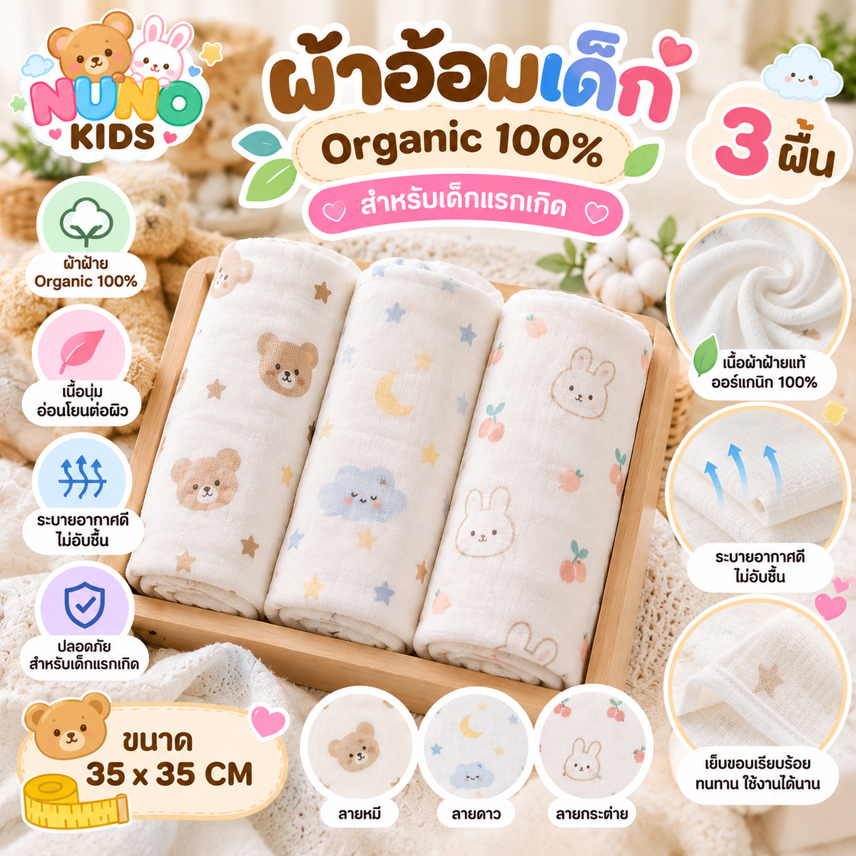 ผ้าอ้อมเด็ก Organic 100% Set 3 ผืน สำหรับเด็กเเรกเกิด 📌ขนาด 35x35 CM