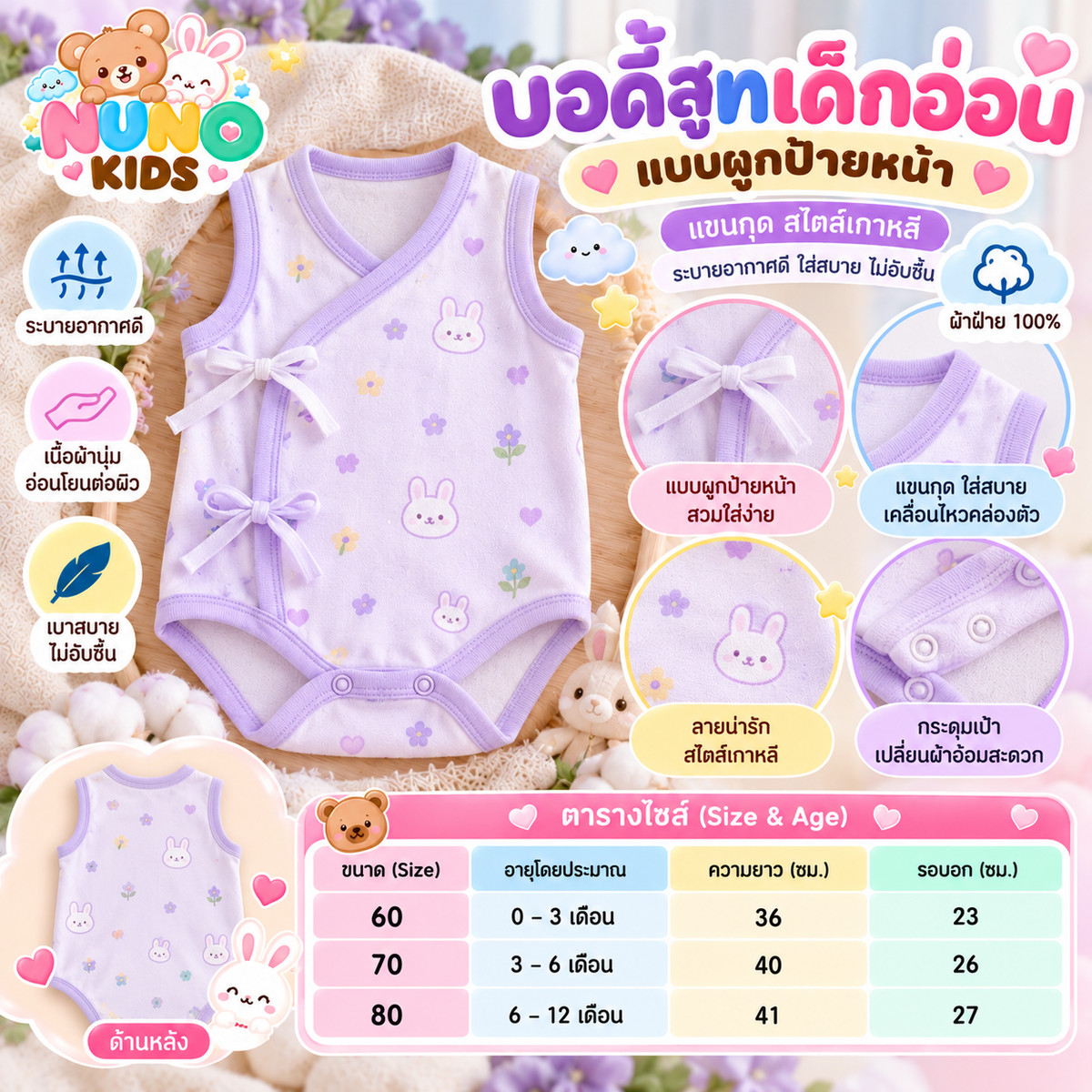 บอดี้สูทเด็กอ่อน แขนกุด สีม่วงอ่อน (Light Purple)